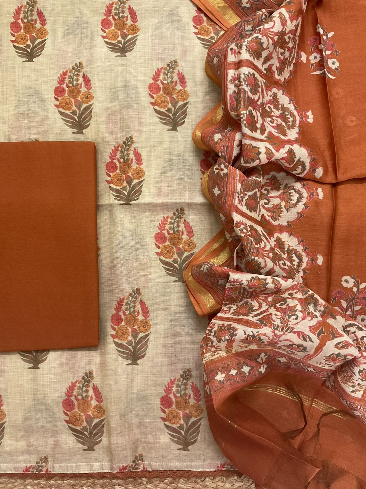 Soft Kora Chanderi Printed Suit - Beige