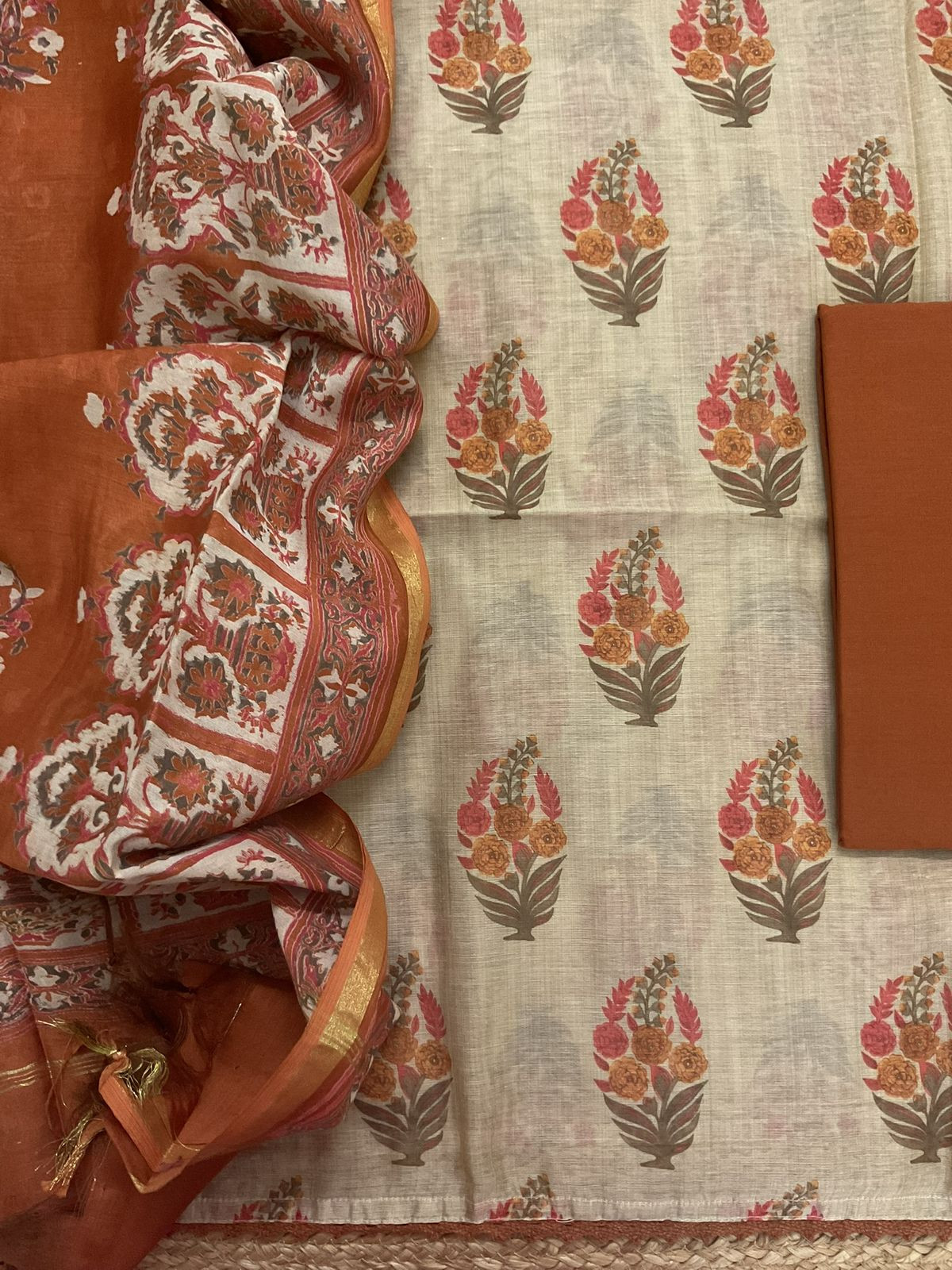 Soft Kora Chanderi Printed Suit - Beige