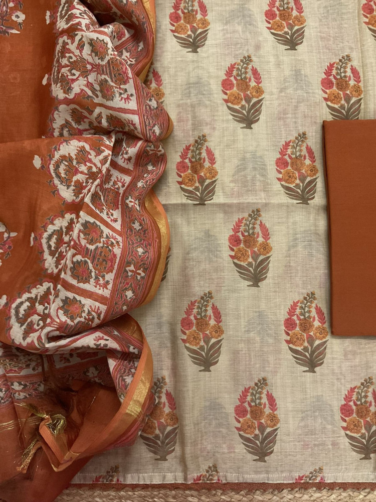 Image of Soft Kora Chanderi Printed Suit - Beige