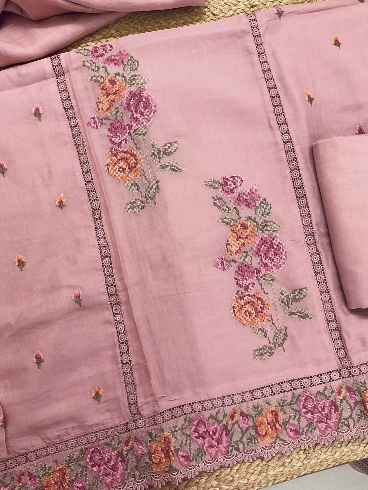 Pure Chanderi Embroidered Suit - Onion Pink