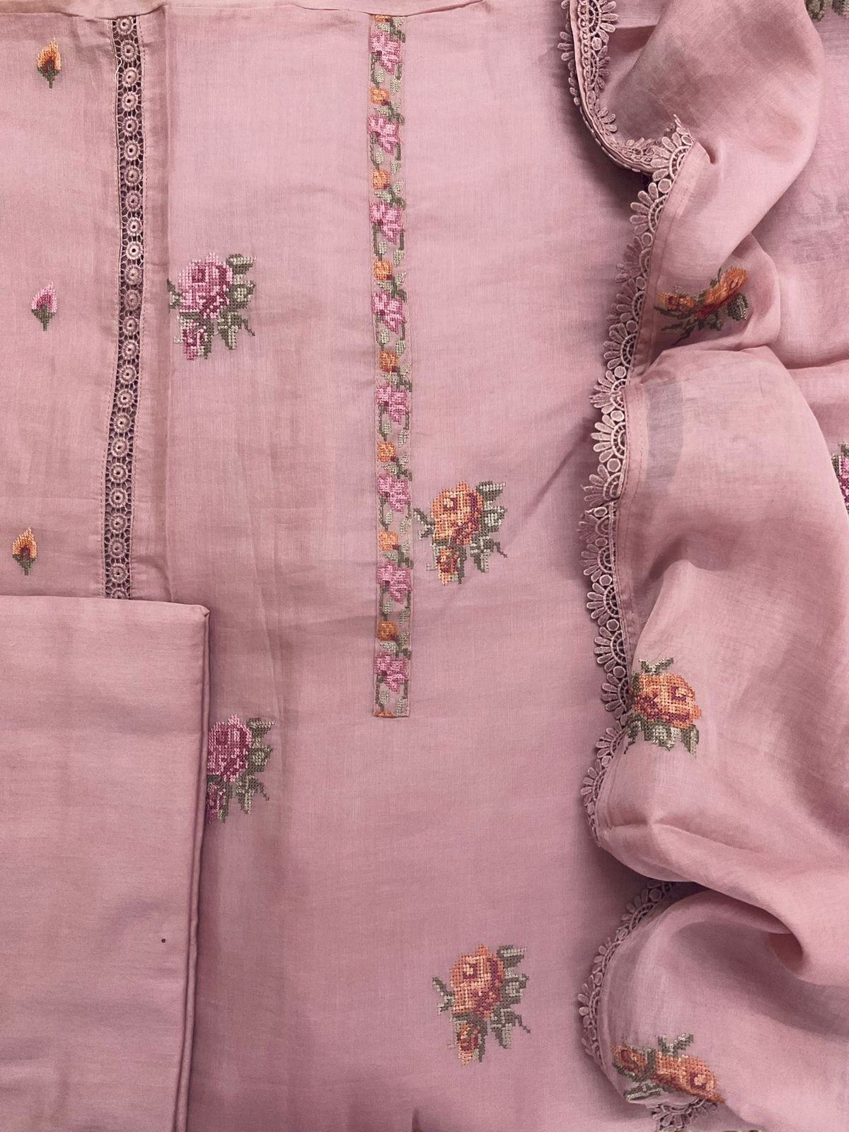 Pure Chanderi Embroidered Suit - Onion Pink