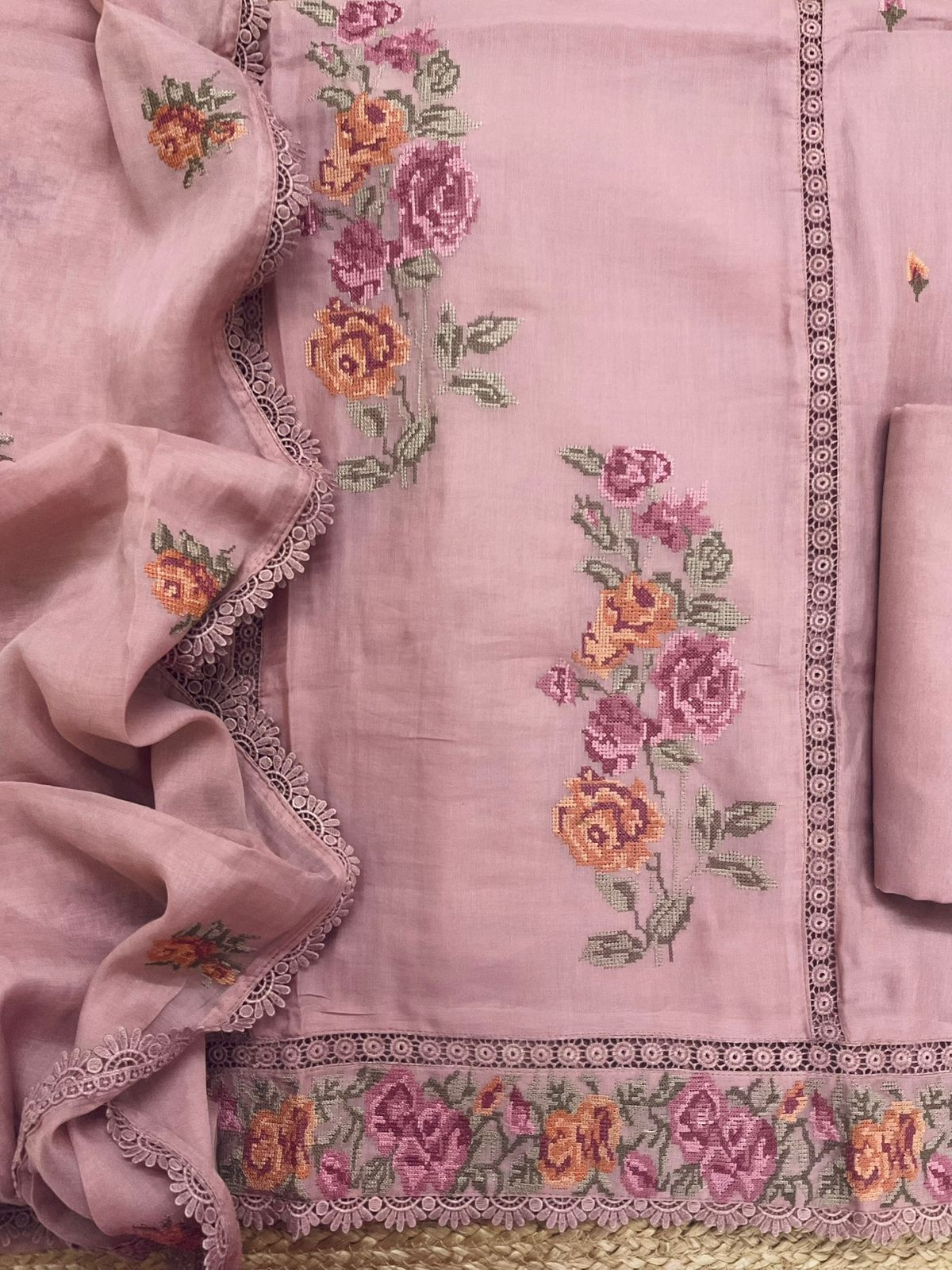 Pure Chanderi Embroidered Suit - Onion Pink