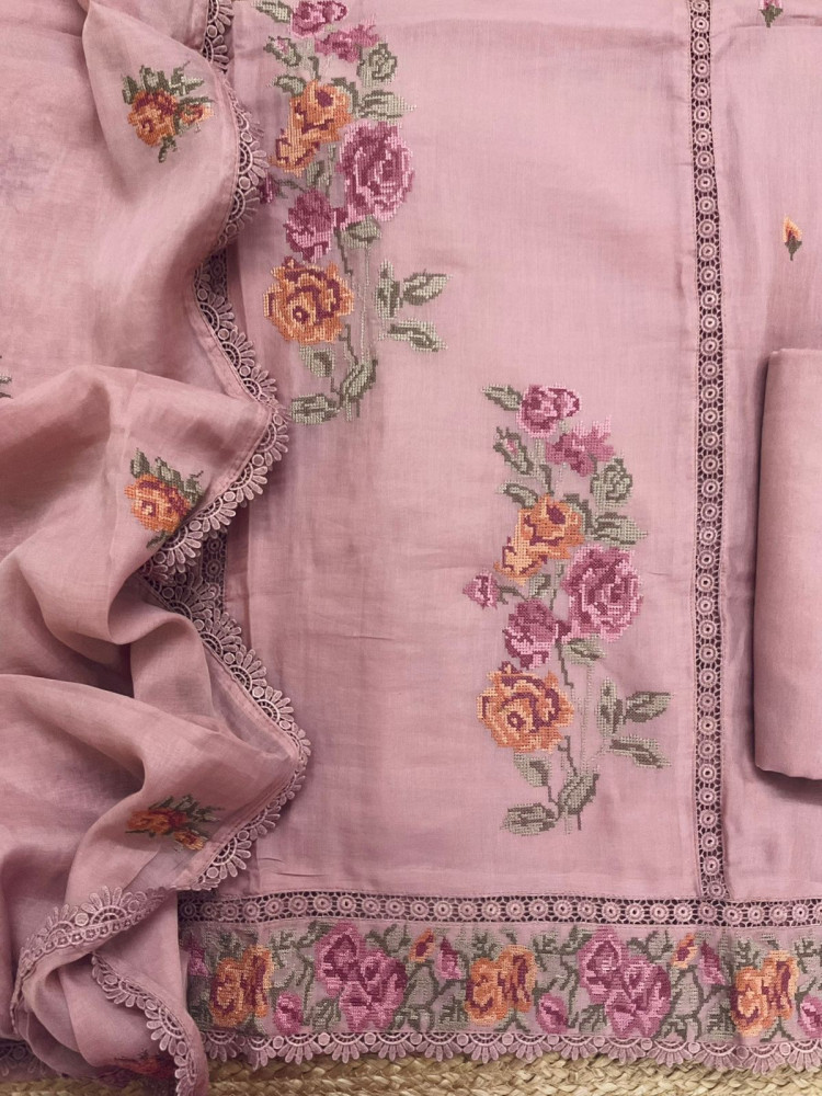 Image of Pure Chanderi Embroidered Suit - Onion Pink