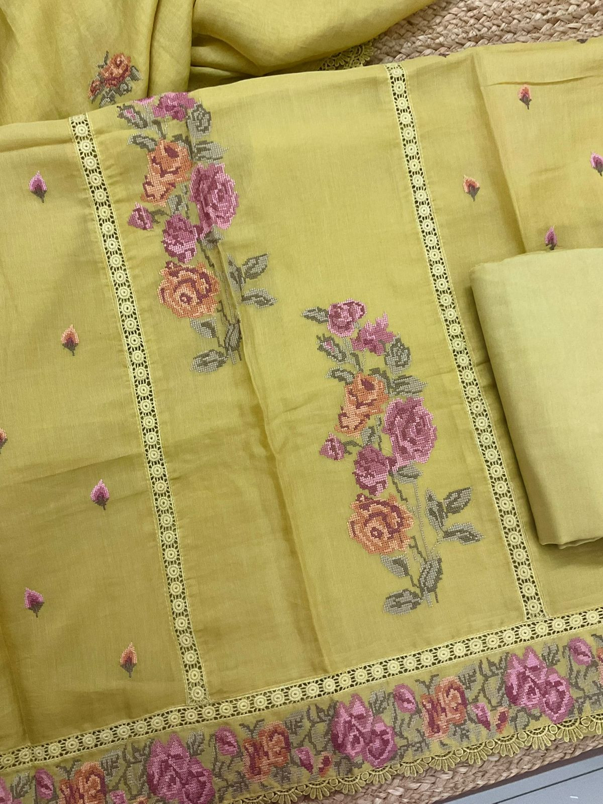 Pure Chanderi Embroidered Suit - Yellow