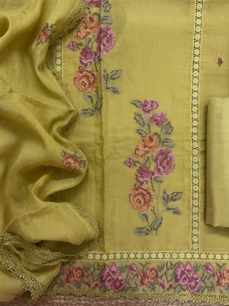 Image of Pure Chanderi Embroidered Suit - Yellow
