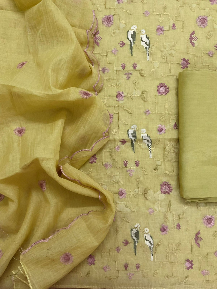 Image of Soft Chanderi Embroidered Suit - Yellow