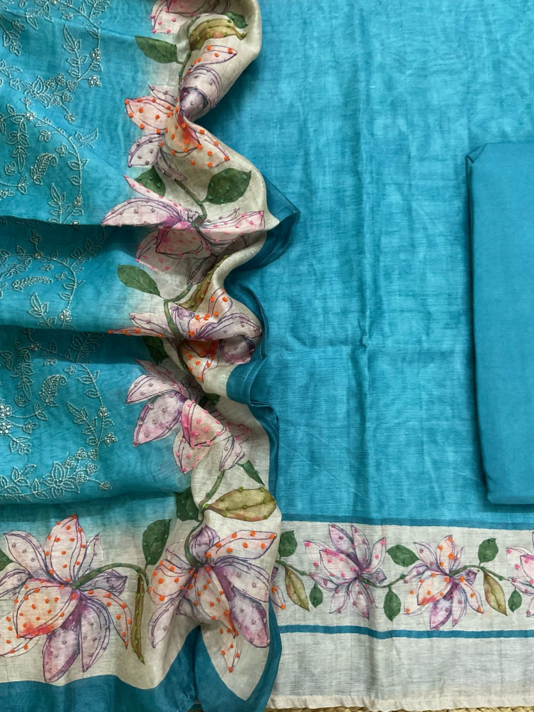 Image of Soft Kora Chanderi Printed Embroidered Suit - Blue