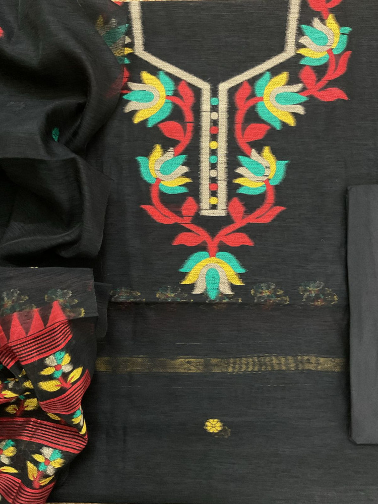 Image of Soft Slub Chanderi Jamdani Weaved Suit - Black