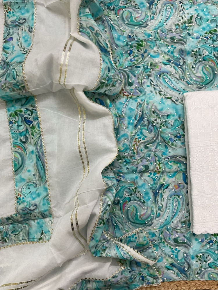 Image of Pure Fine Cotton Printed Embroidered Suit - Blue