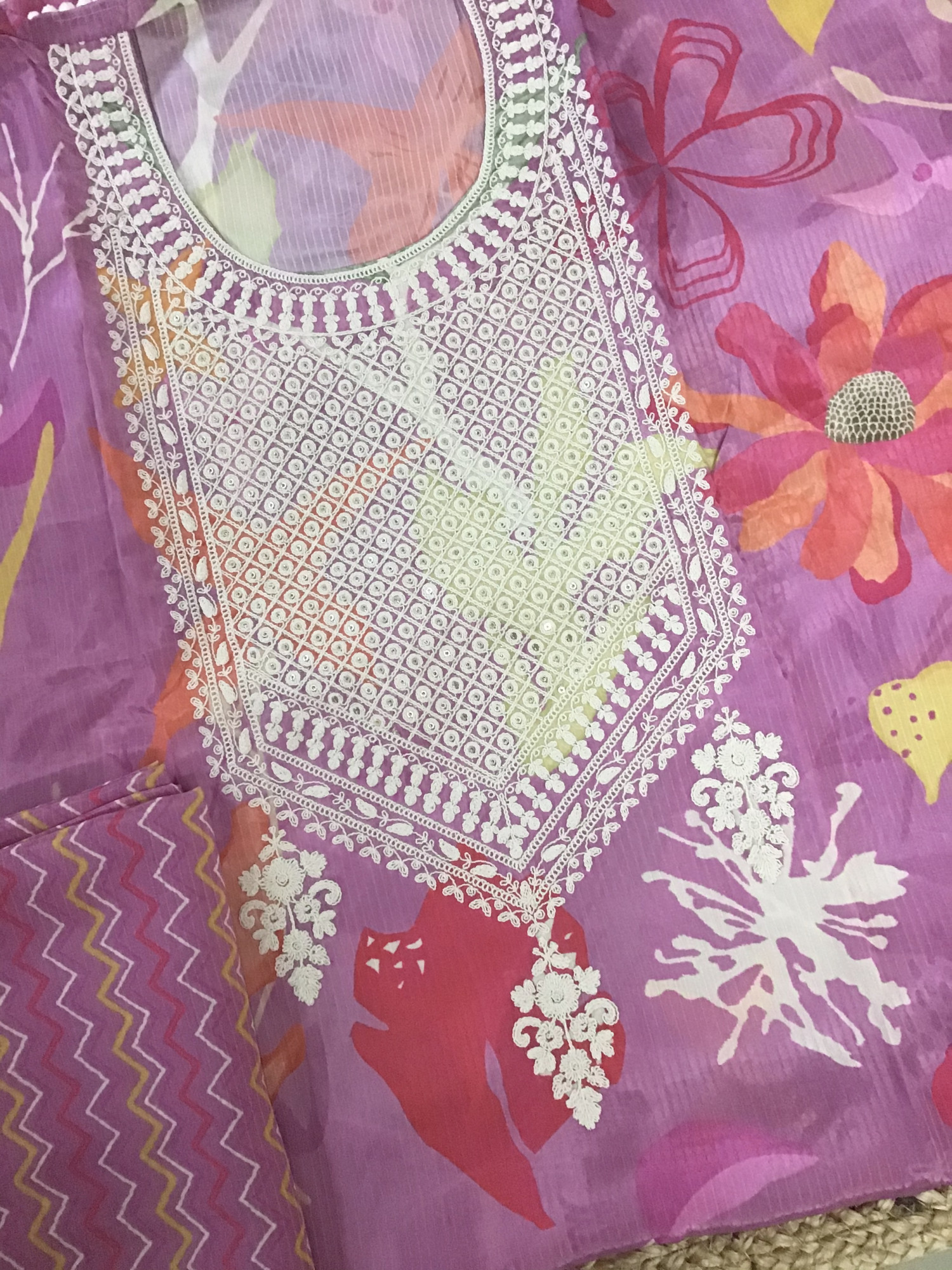 Pure Muslin Silk Printed Embroidered Suit - Pink