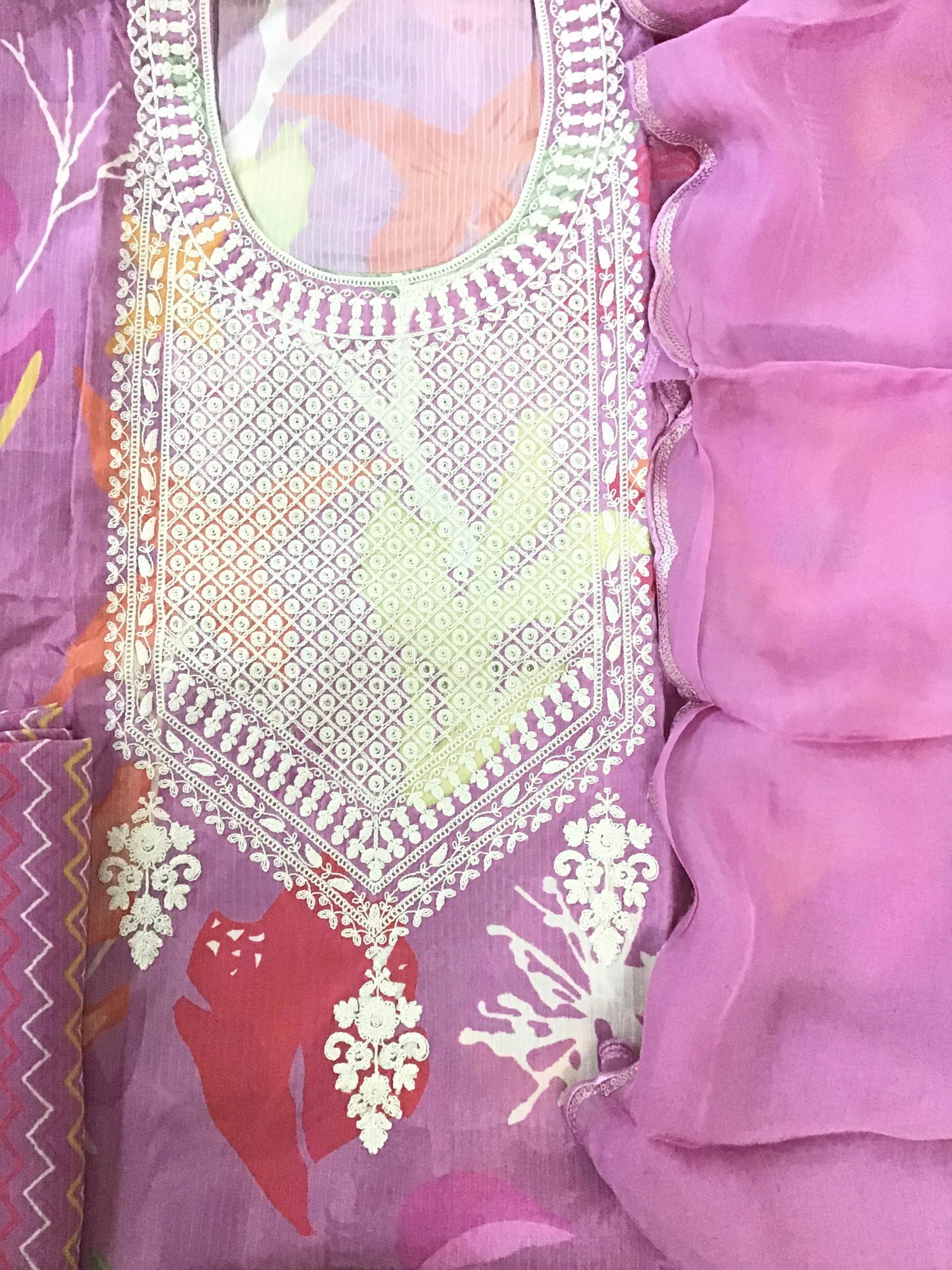 Pure Muslin Silk Printed Embroidered Suit - Pink