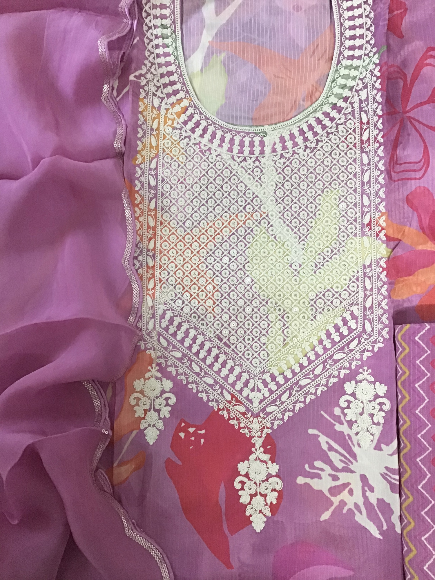 Pure Muslin Silk Printed Embroidered Suit - Pink