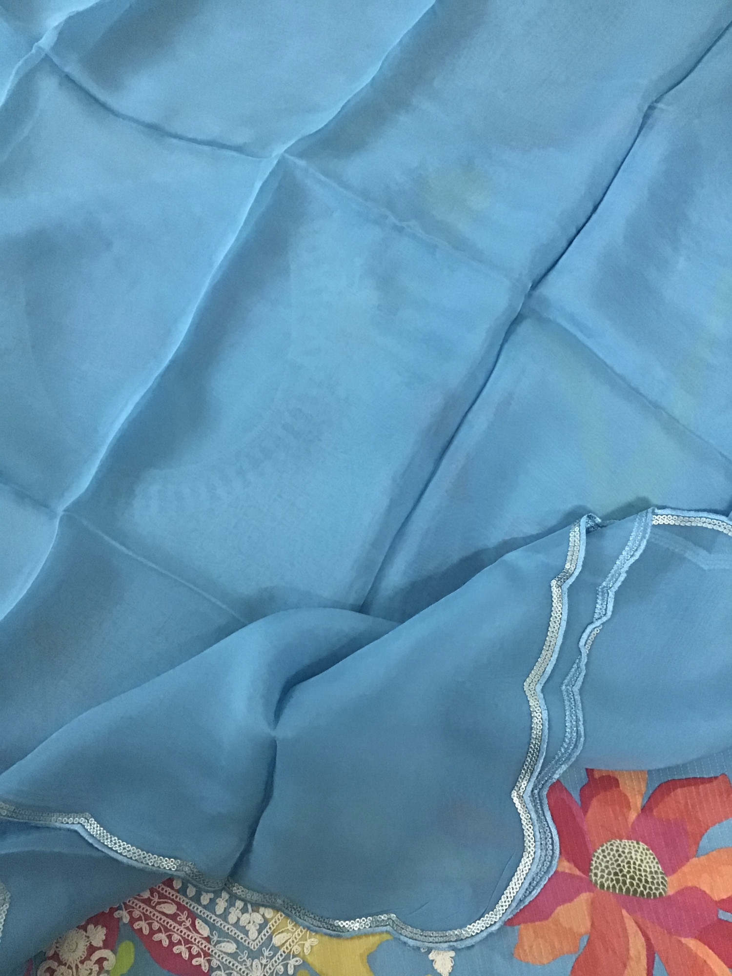 Pure Muslin Silk Printed Embroidered Suit - Blue