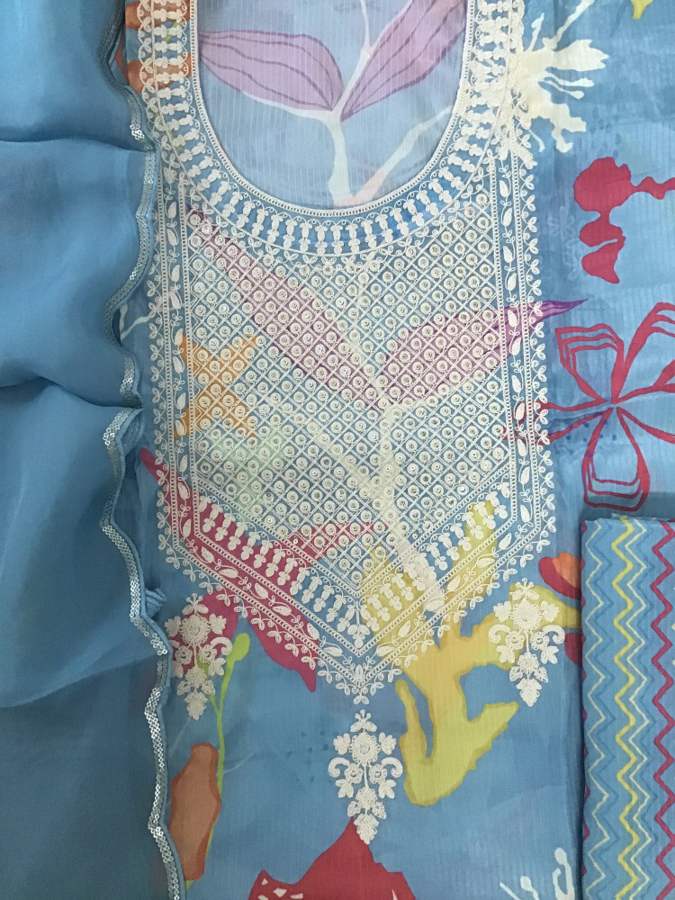 Image of Pure Muslin Silk Printed Embroidered Suit - Blue
