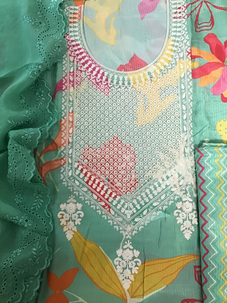 Image of Pure Muslin Silk Printed Embroidered Suit - Green