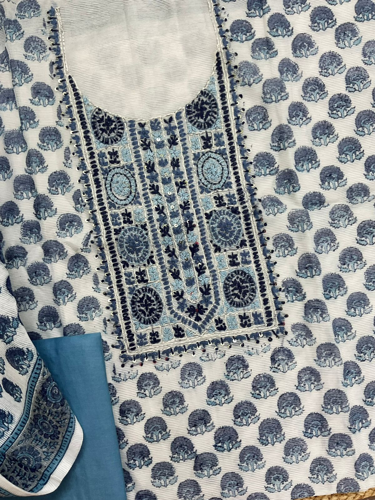 Soft Supernet Printed Embroidered Suit - White