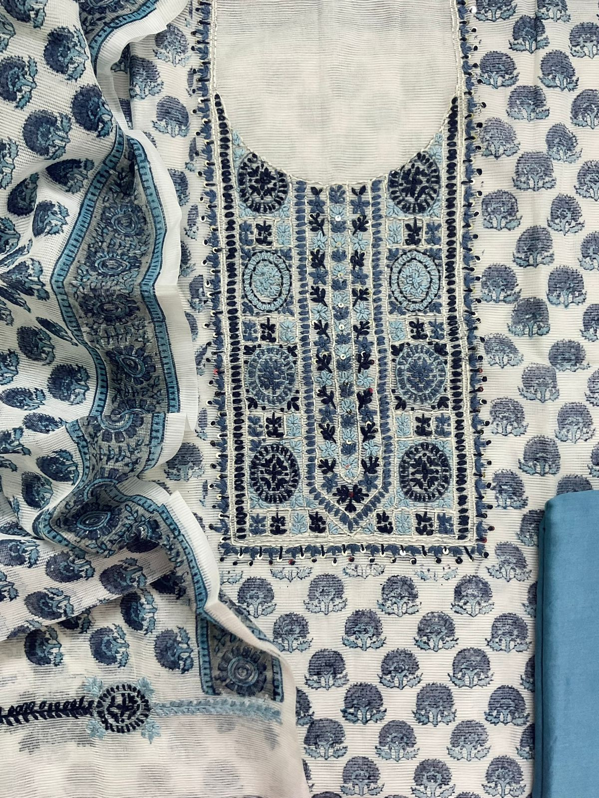 Soft Supernet Printed Embroidered Suit - White
