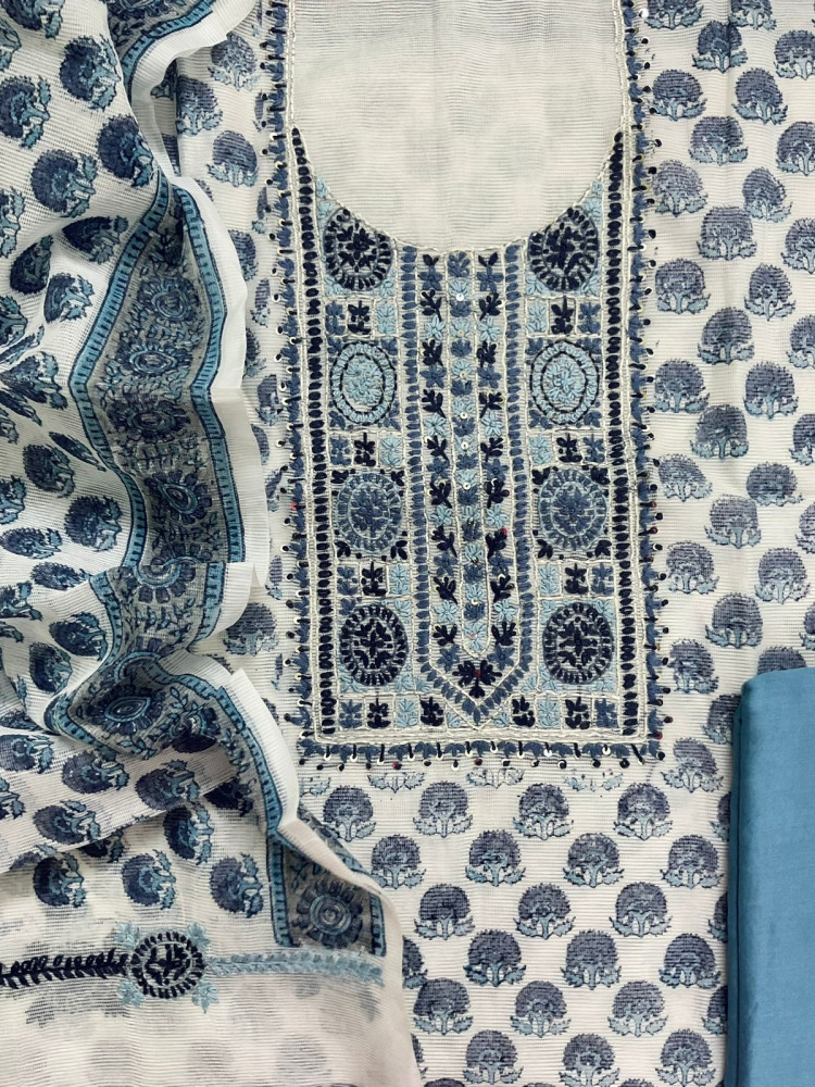 Image of Soft Supernet Printed Embroidered Suit - White