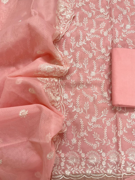 Image of Soft Fine Supernet Embroidered Suit - Peach