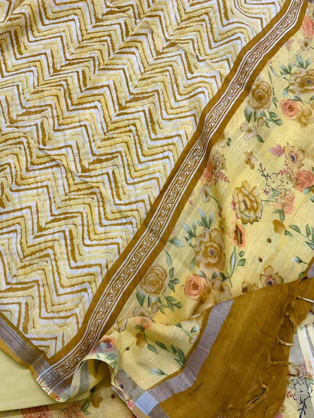 Pure Linen Jute Cotton Silk Printed Suit - Yellow