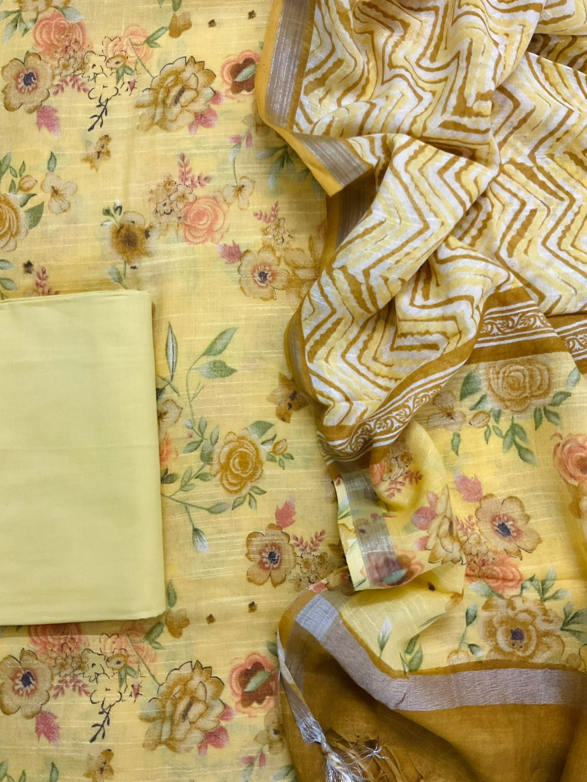 Pure Linen Jute Cotton Silk Printed Suit - Yellow