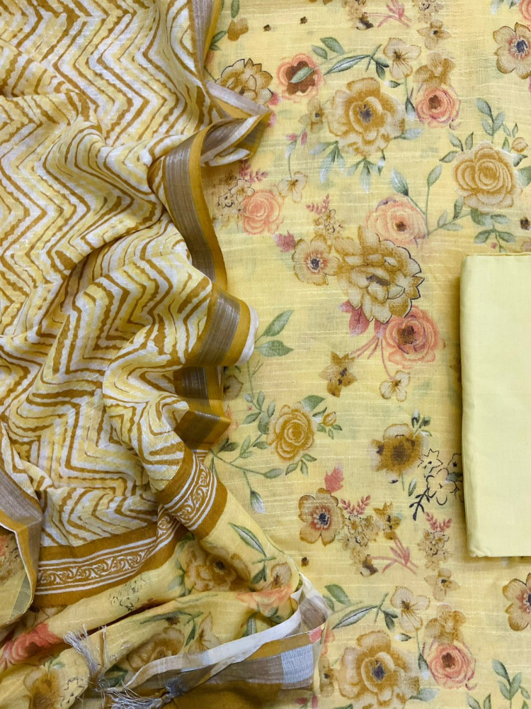 Image of Pure Linen Jute Cotton Silk Printed Suit - Yellow