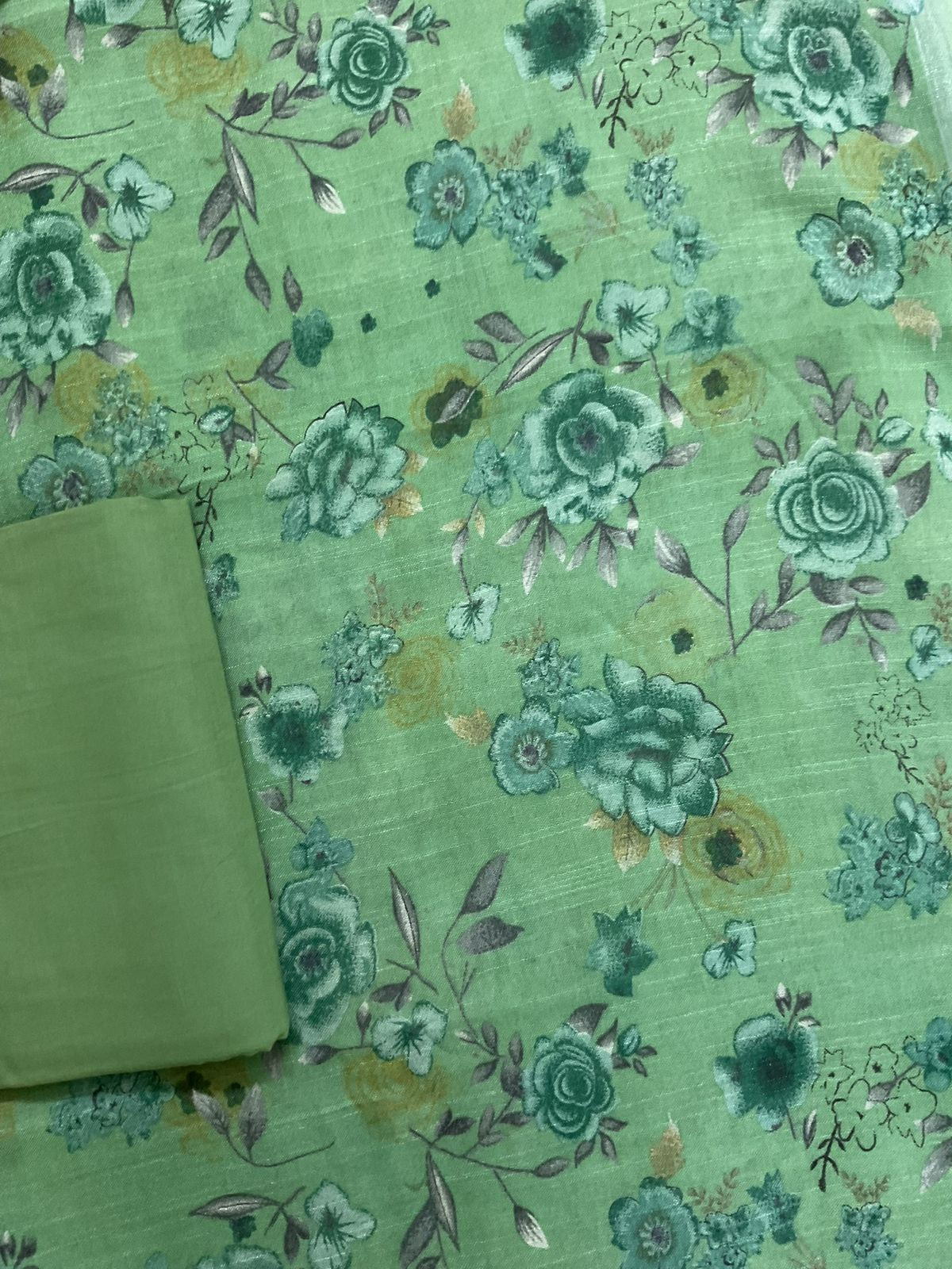 Pure Linen Jute Cotton Silk Printed Suit - Green