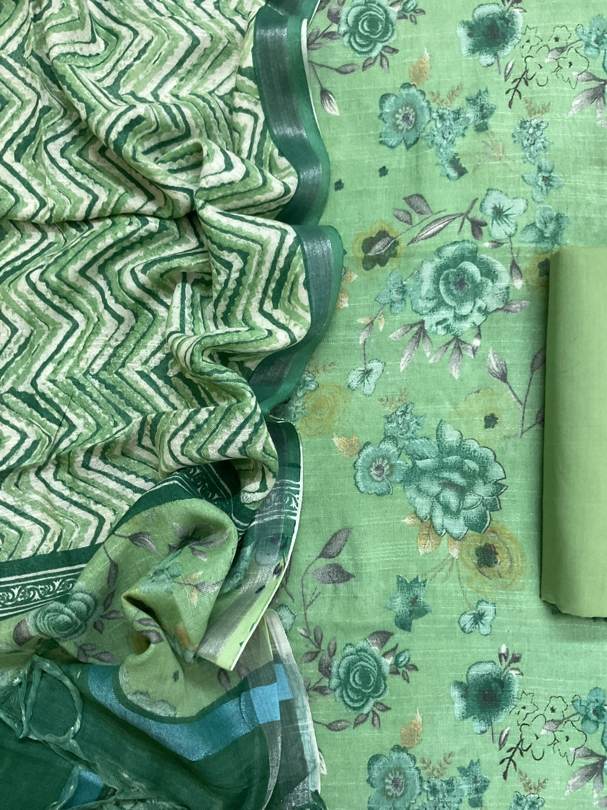 Pure Linen Jute Cotton Silk Printed Suit - Green