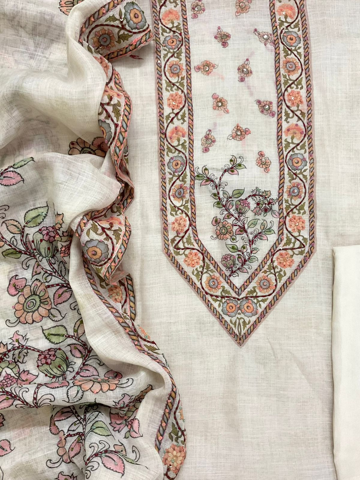 Soft Linen Jute Cotton Printed Embroidered Suit - Off White