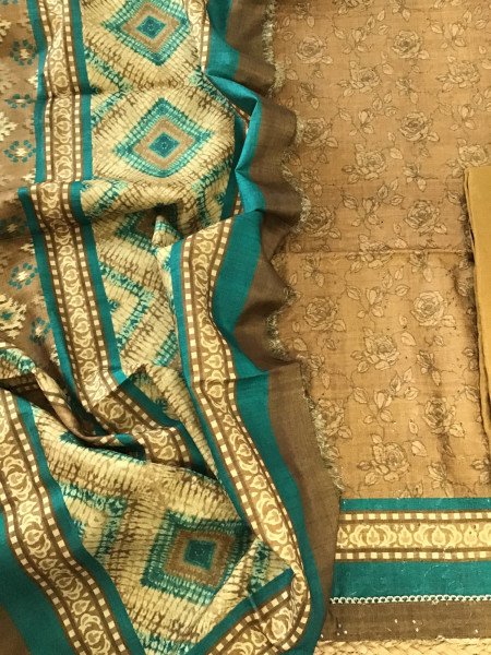 Image of Soft Semi Tussar Printed Embroidered Suit - Brown