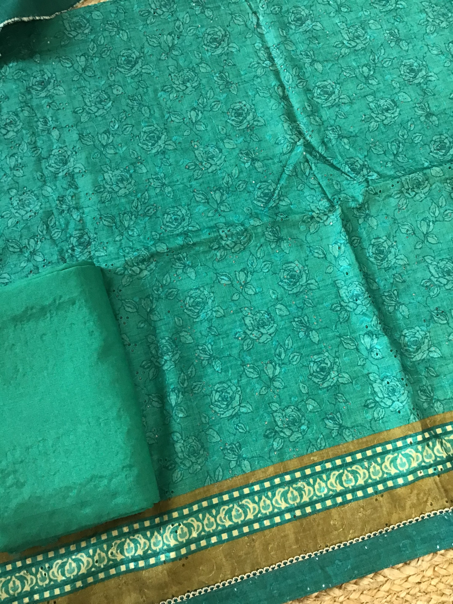 Soft Semi Tussar Printed Embroidered Suit - Green