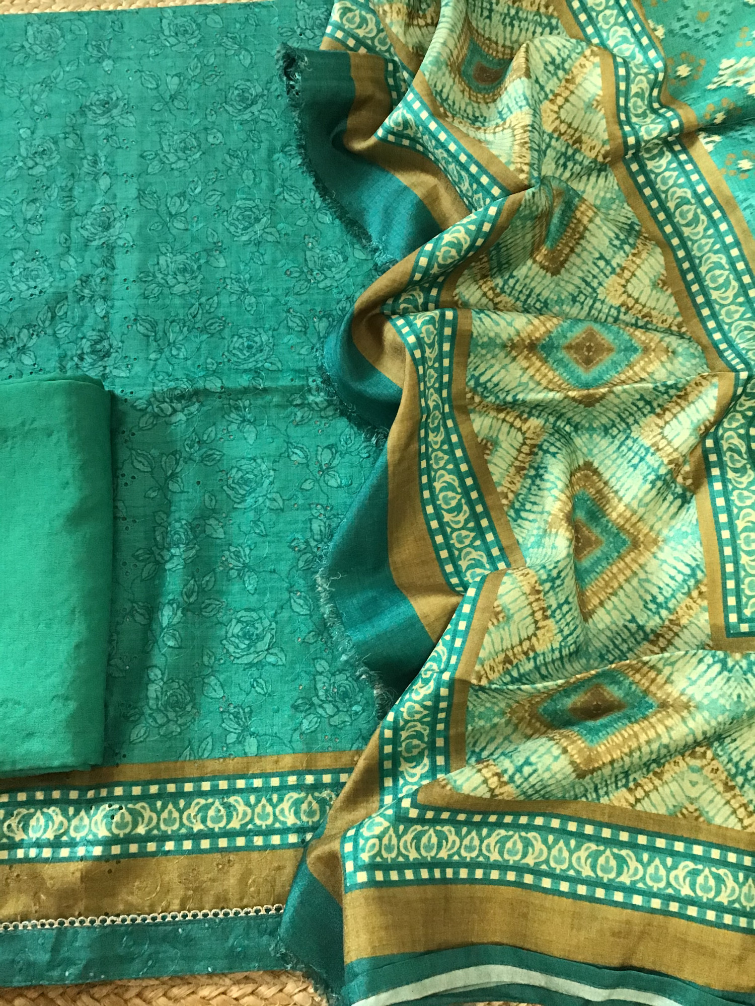 Soft Semi Tussar Printed Embroidered Suit - Green