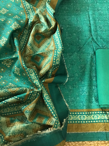 Image of Soft Semi Tussar Printed Embroidered Suit - Green