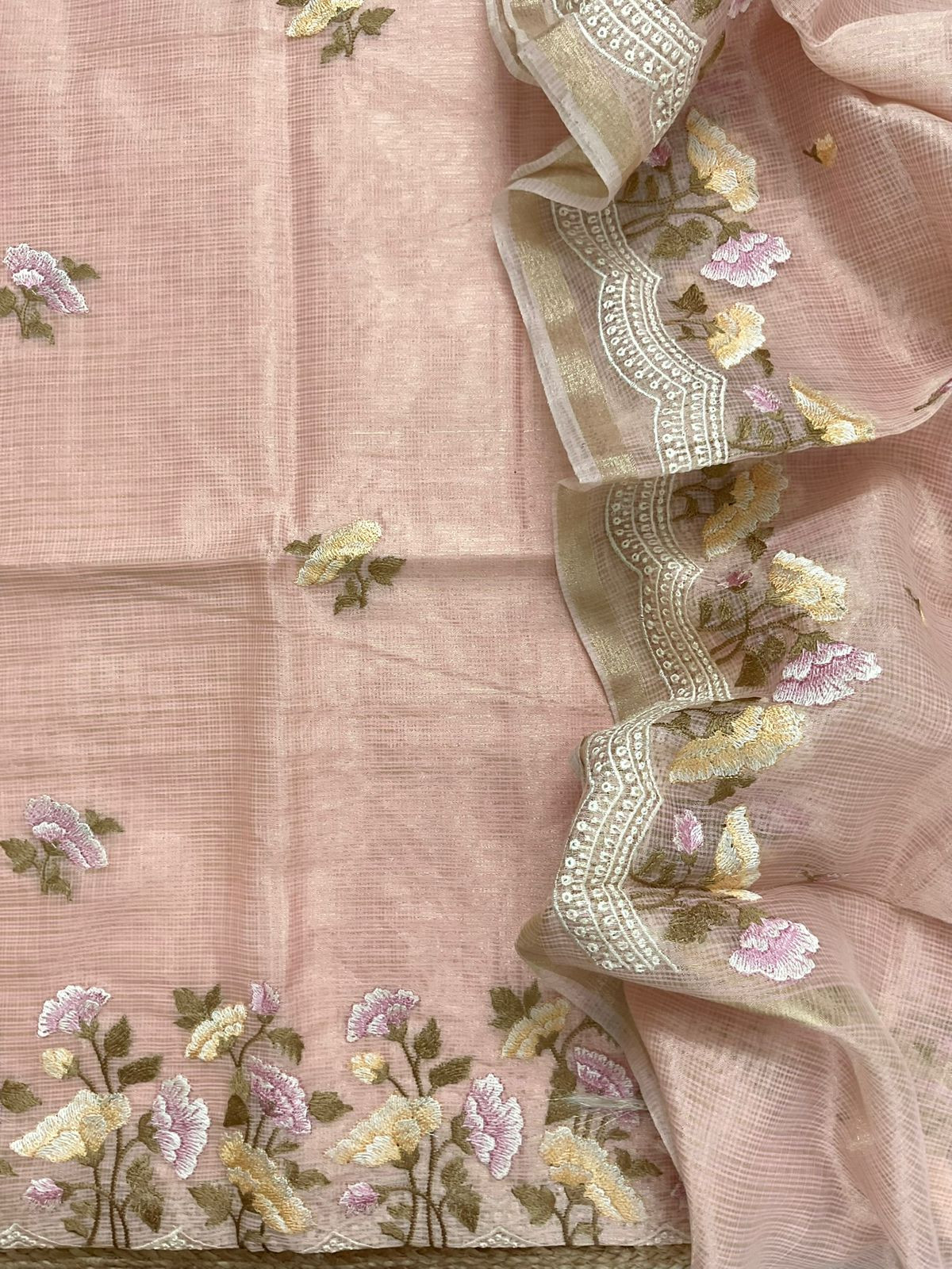 Soft Tissue Kota Silk Embroidered Suit - Peach