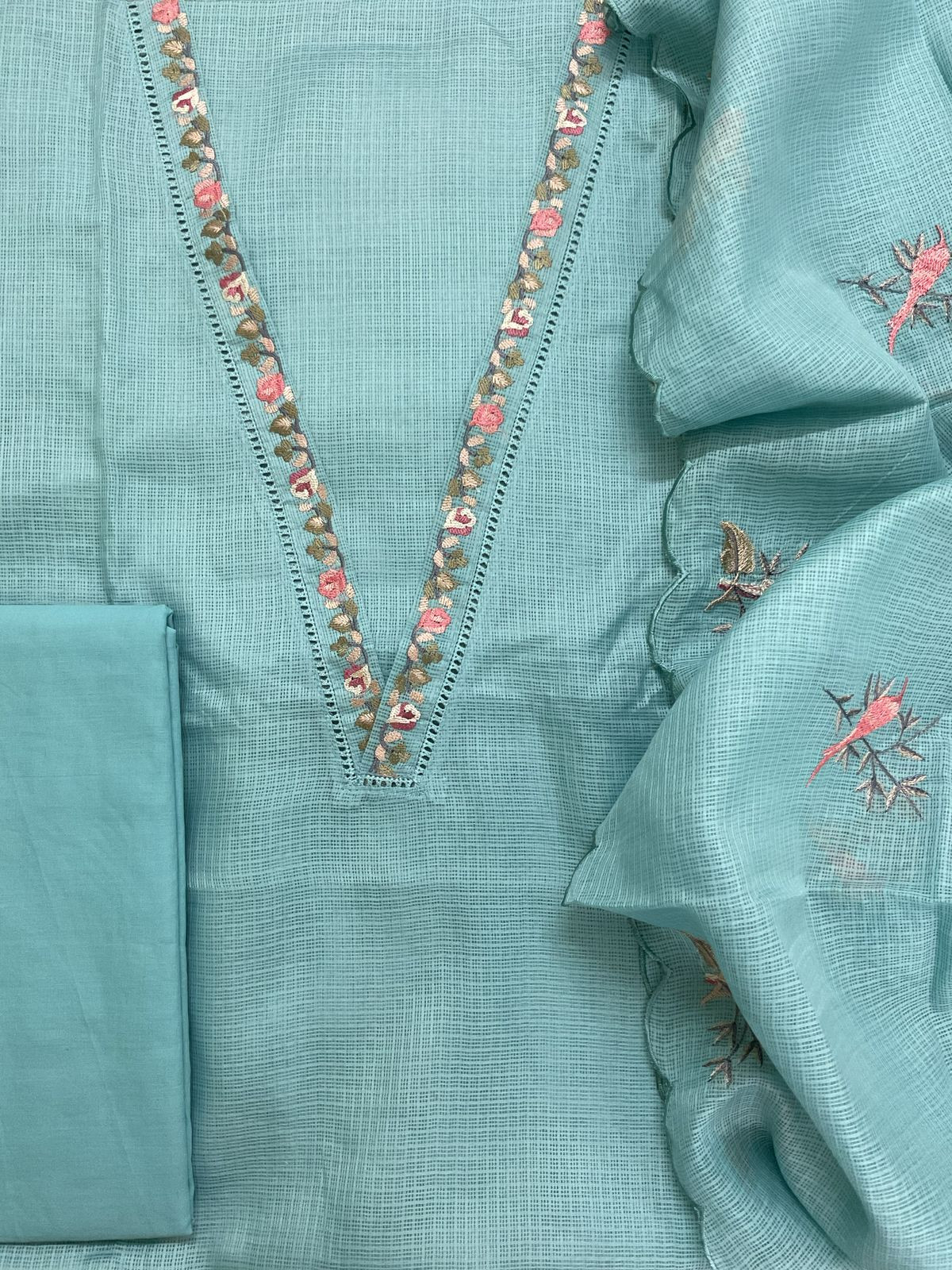 Soft Kota Silk Embroidered Suit - Blue
