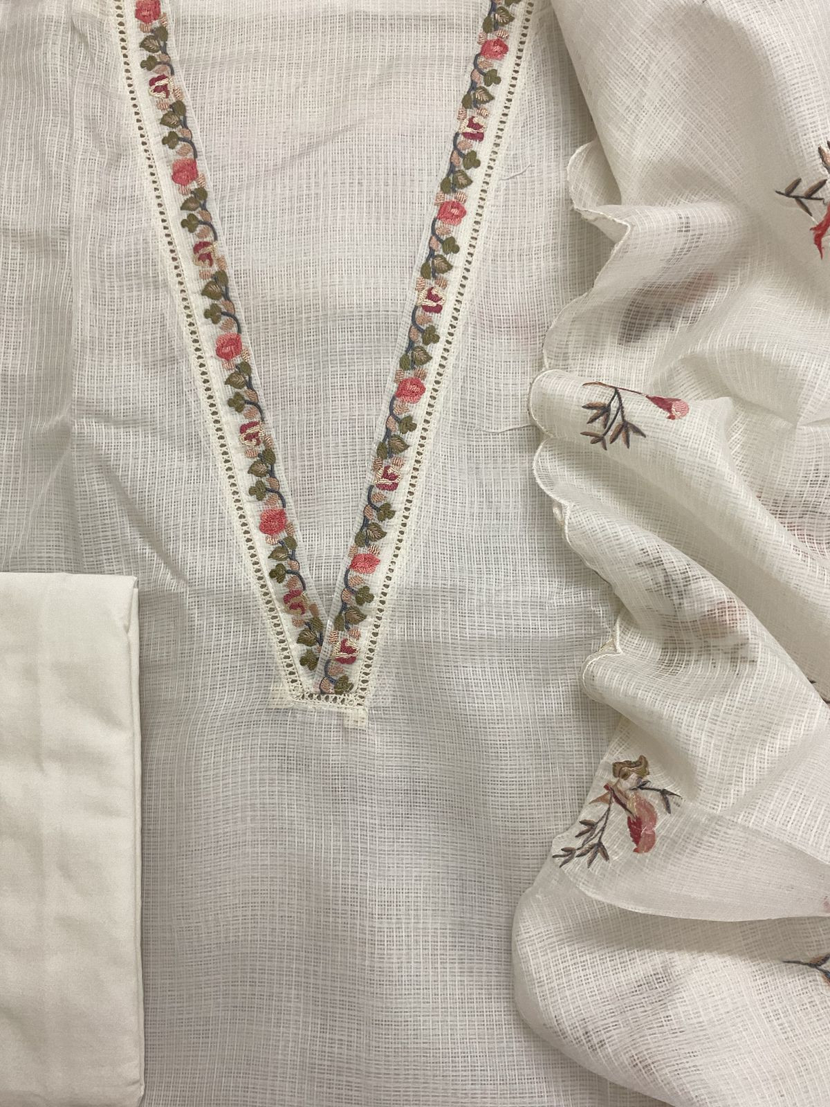 Soft Kota Silk Embroidered Suit - Offwhite