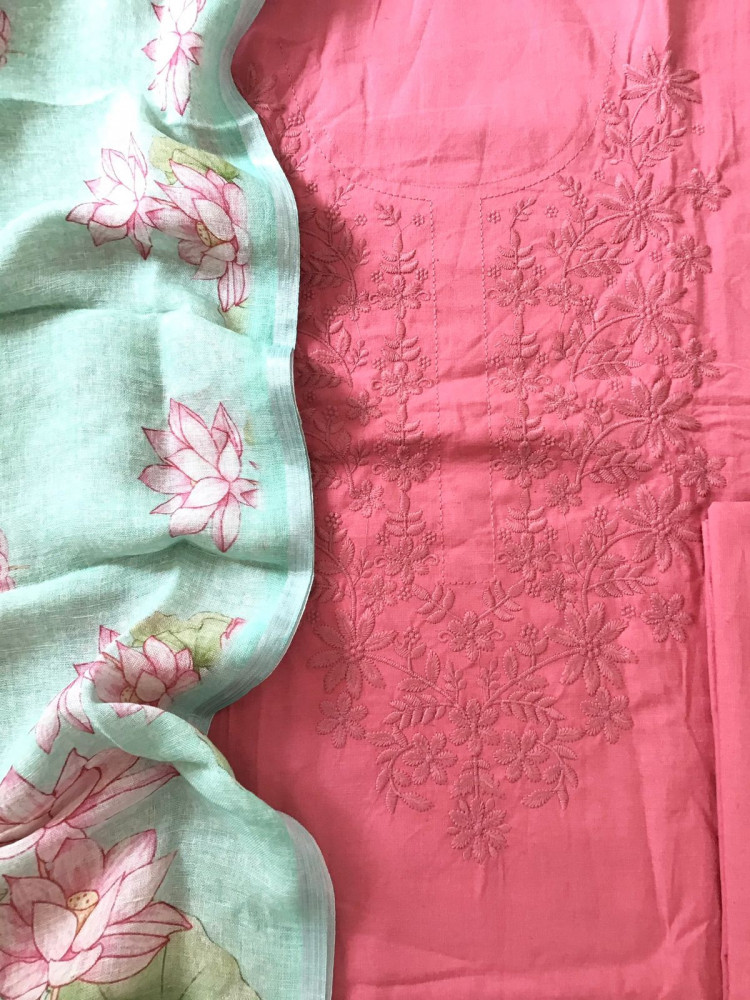 Image of Pure Slub Cotton Embroidered Suit - Pink