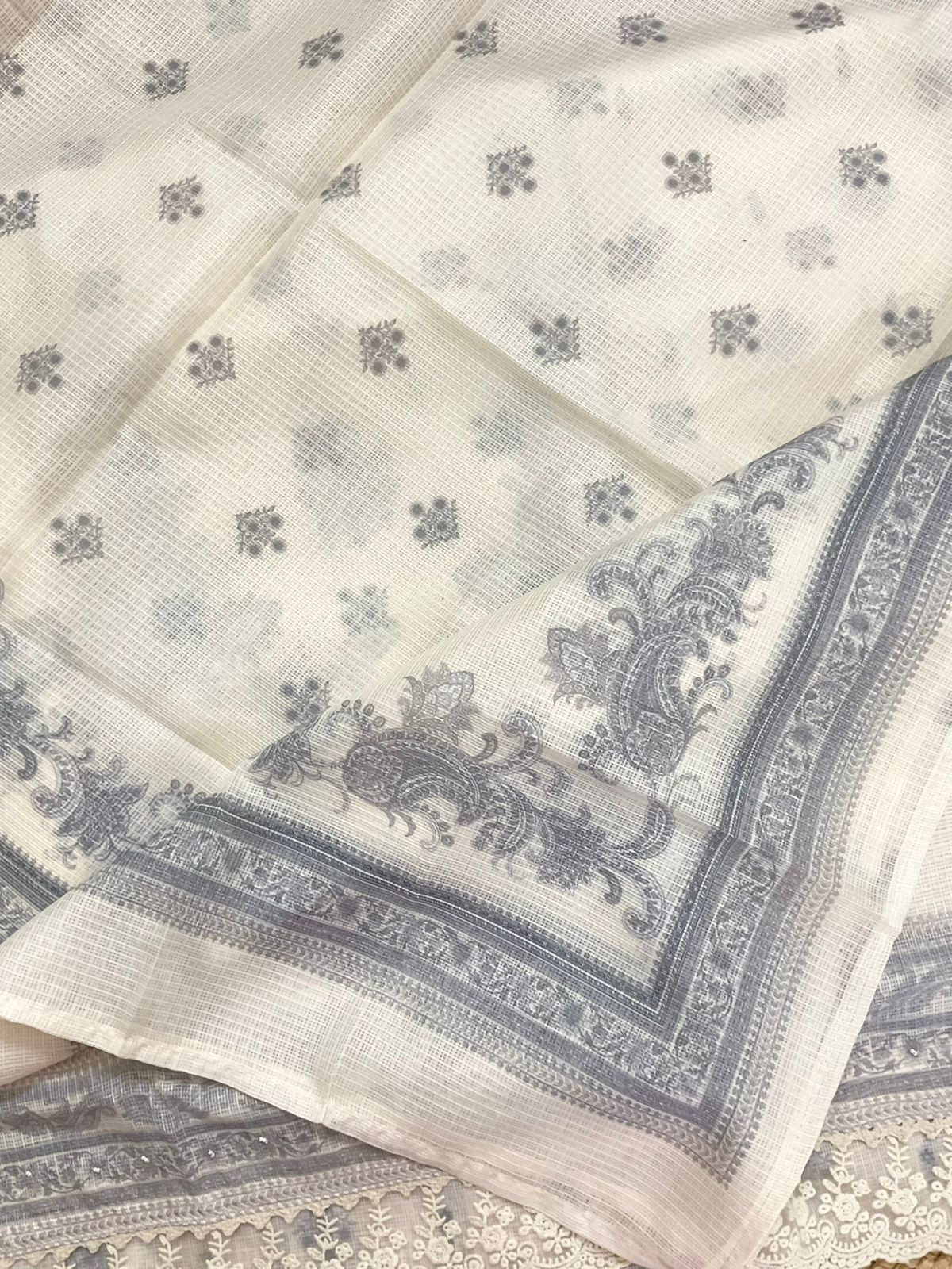 Soft Kota Silk Printed Embroidered Suit - Cream