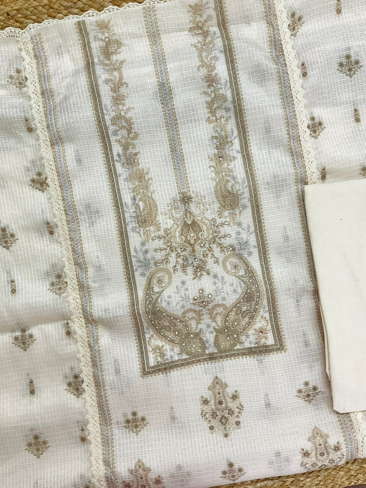Soft Kota Silk Printed Embroidered Suit - Cream