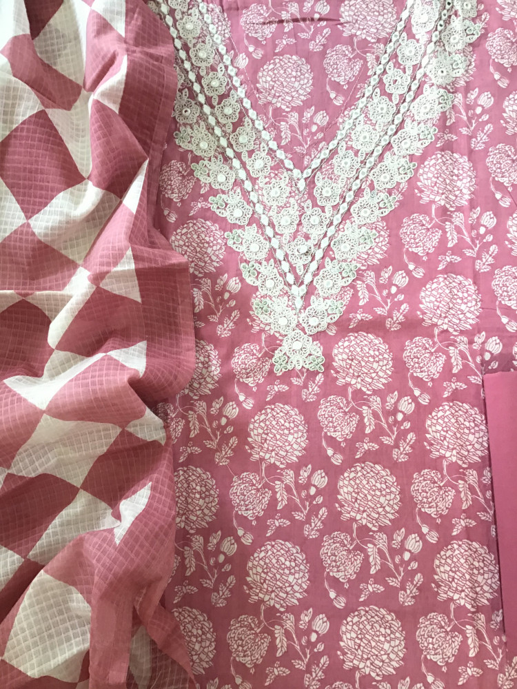 Image of Pure Cotton Printed Embroidered Suit - Pink