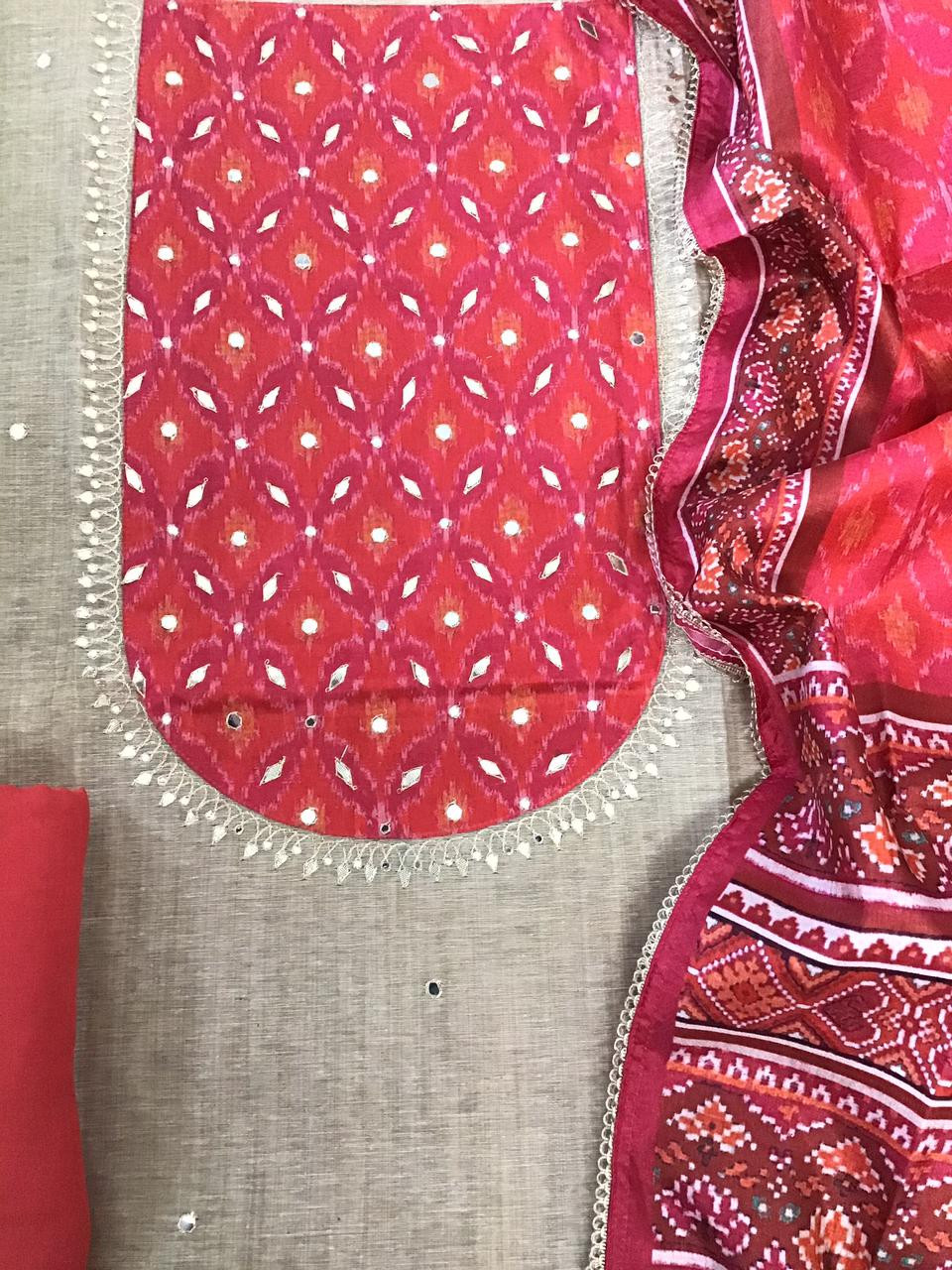 Soft Slub Chanderi Printed Embroidered Suit - Beige