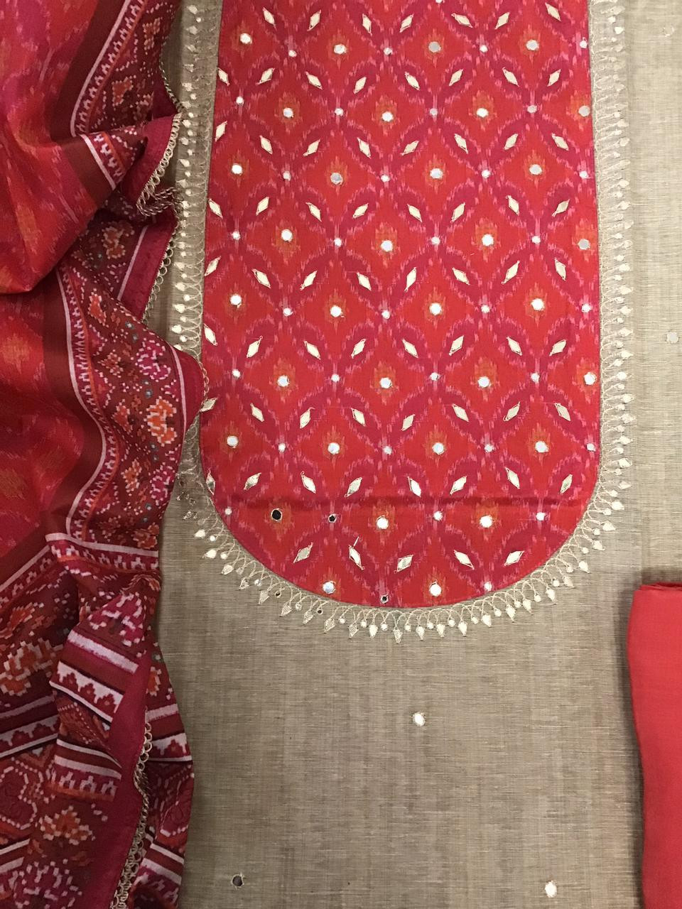 Soft Slub Chanderi Printed Embroidered Suit - Beige