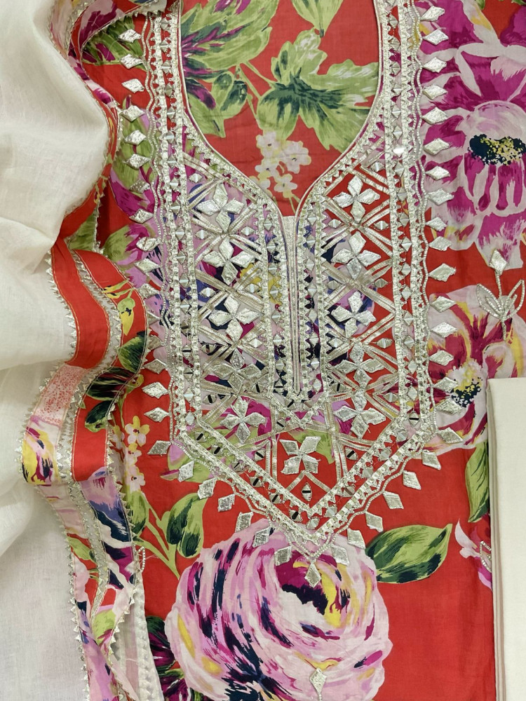 Image of Pure Cotton Printed Embroidered Suit - Orange