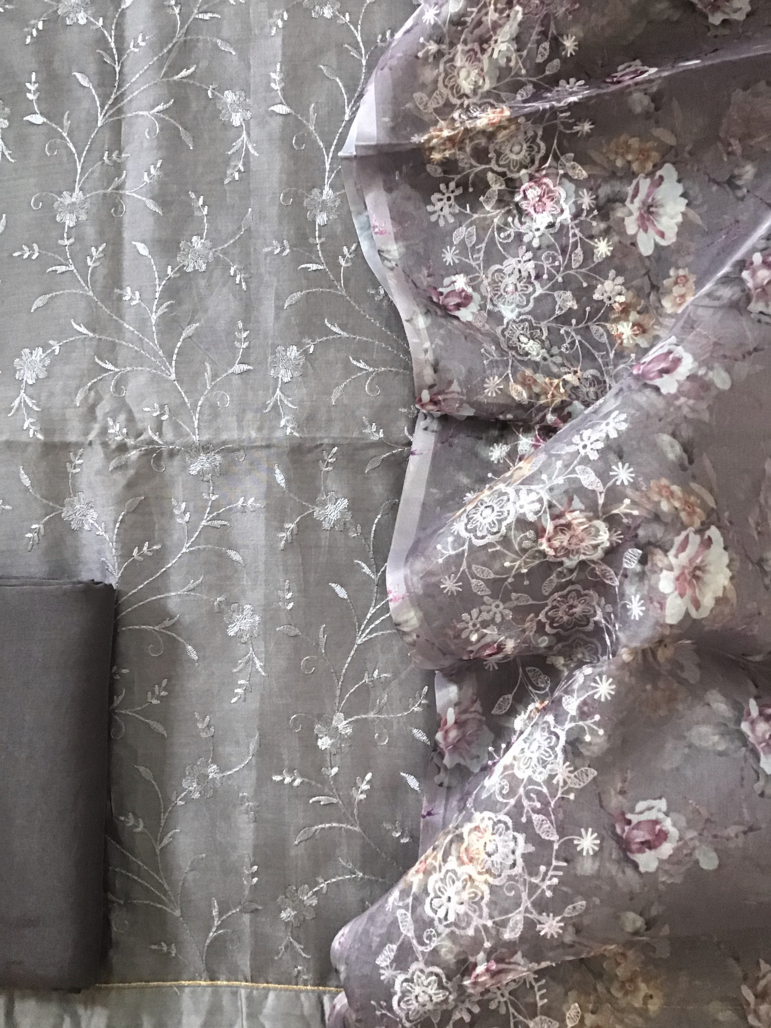 Pure Chanderi Printed Embroidered Suit - Brown