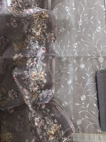 Image of Pure Chanderi Printed Embroidered Suit - Brown