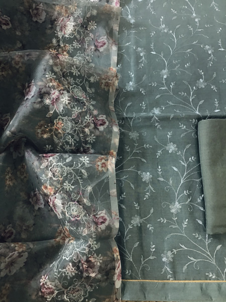 Image of Pure Chanderi Printed Embroidered Suit - Green