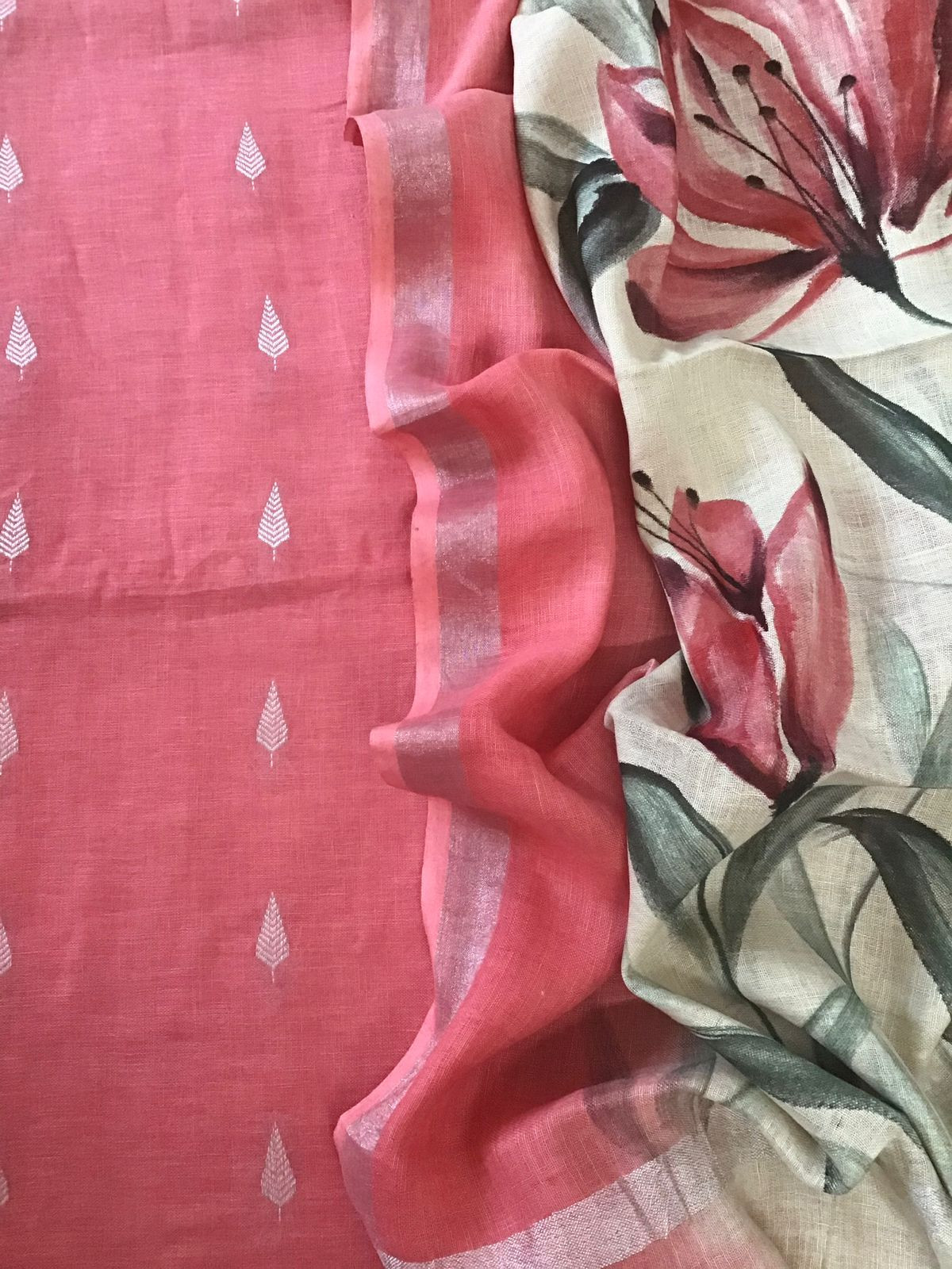 Pure Linen Jute Cotton Self Weaved Suit - Pink