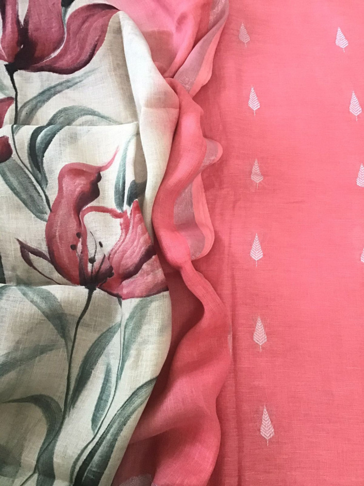 Image of Pure Linen Jute Cotton Self Weaved Suit - Pink