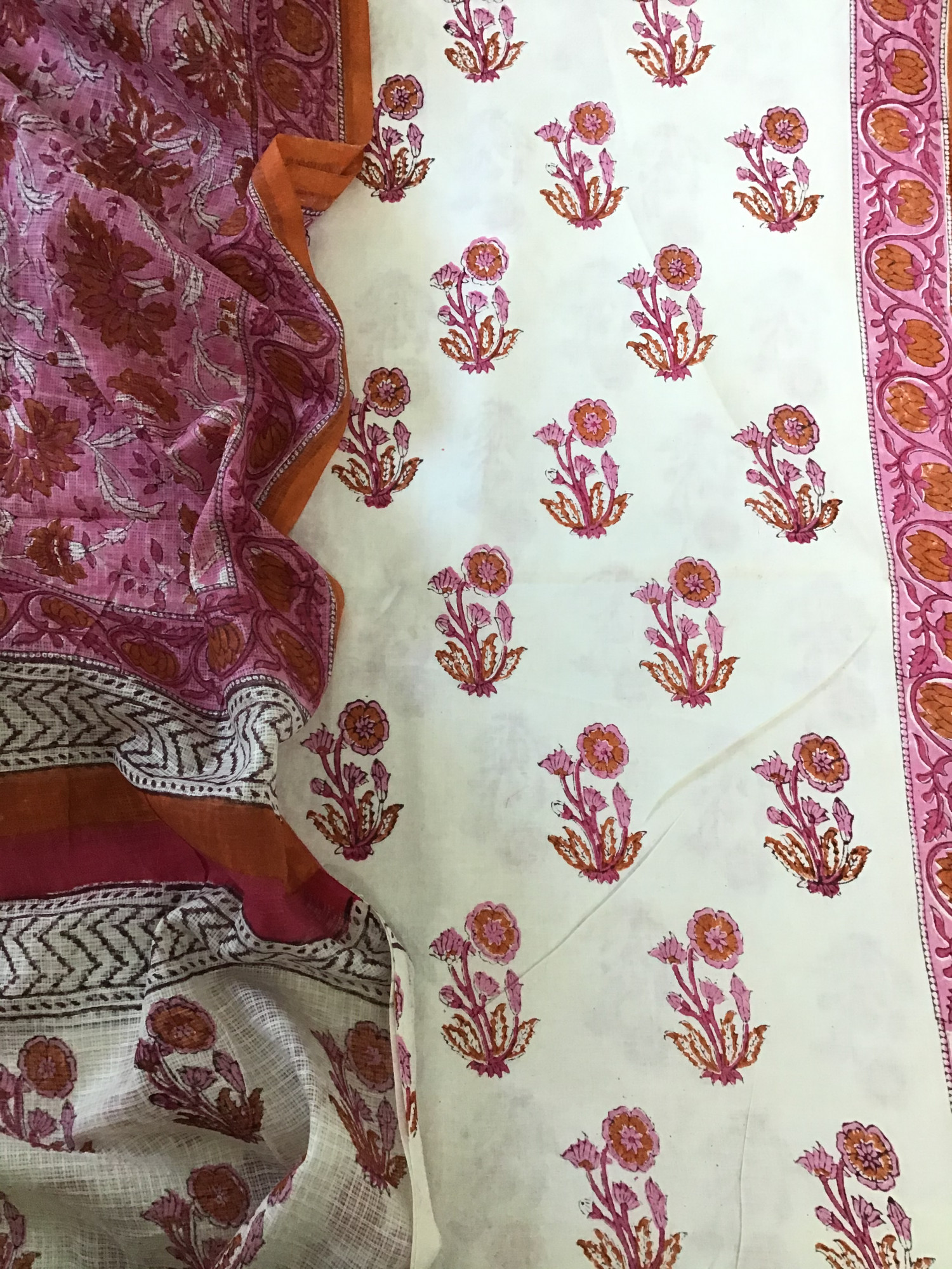Pure Fine Cotton Printed Suit - WhitePink