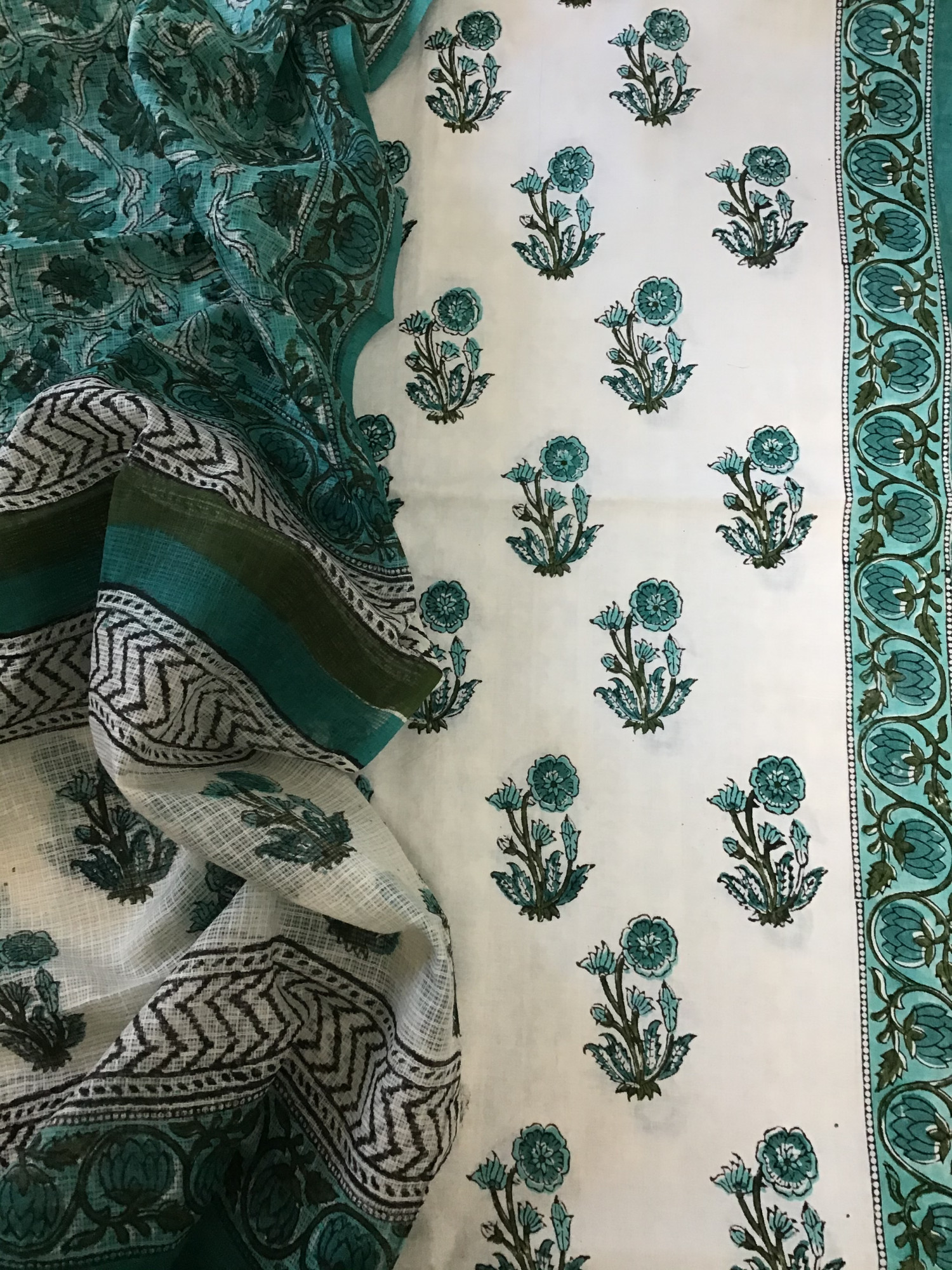 Pure Fine Cotton Printed Suit - WhiteGreen